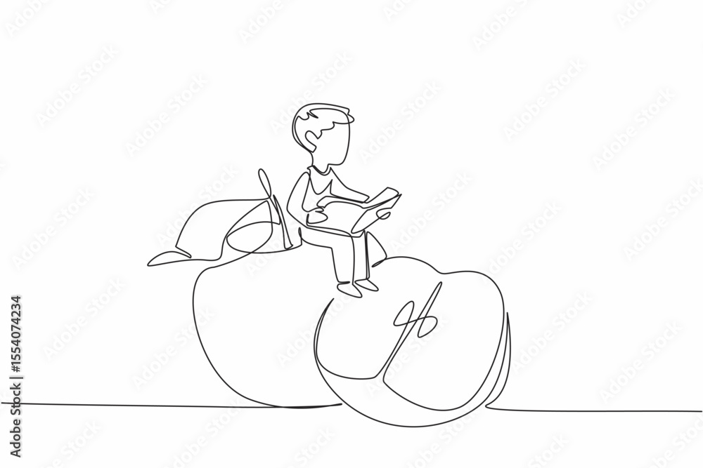 Aufkleber single continuous line drawing young boy reading on apple. sit back and read about the many benefits