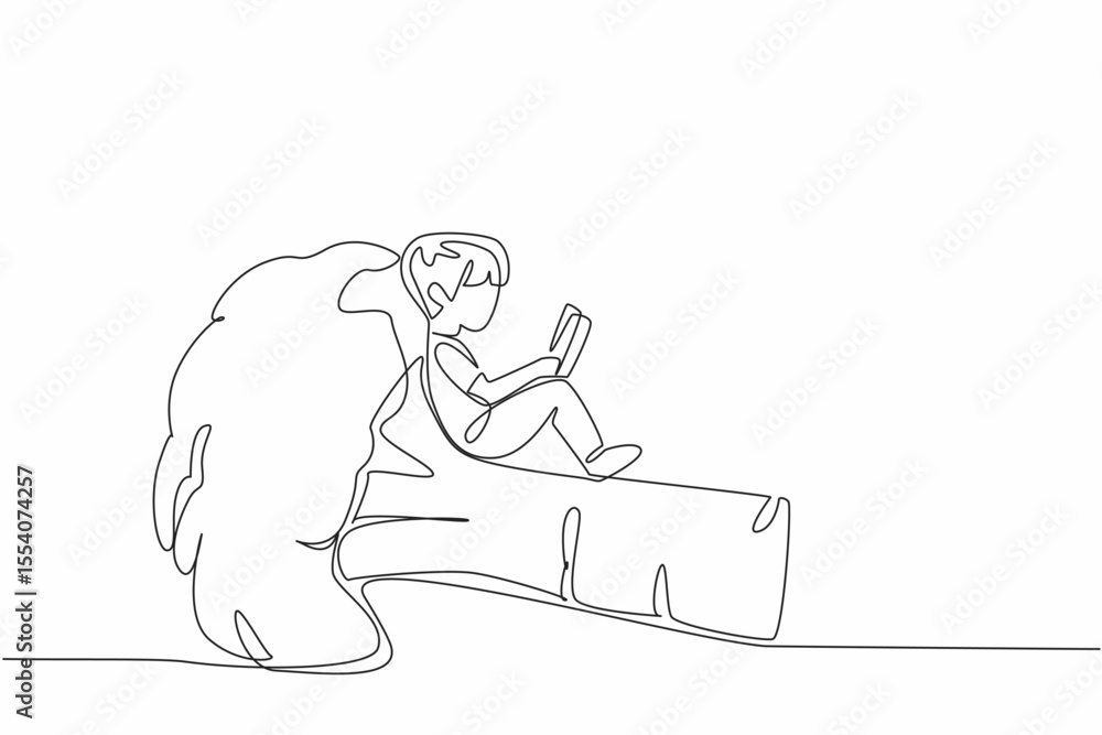 Poster single continuous line drawing boy reading on broccoli. studying agricultural science from an early 