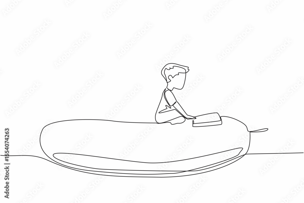 Poster continuous one line drawing boy reading on cucumber. reading on a giant cucumber shaped pillow. calm