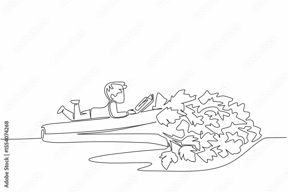 Poster continuous one line drawing boy reading on celery. reading while lying on the stomach. meaningful re