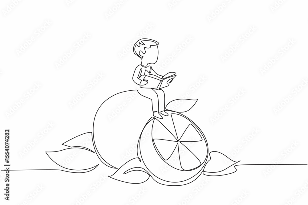 Poster continuous one line drawing young boy reading on orange. reading while practicing the knowledge gain