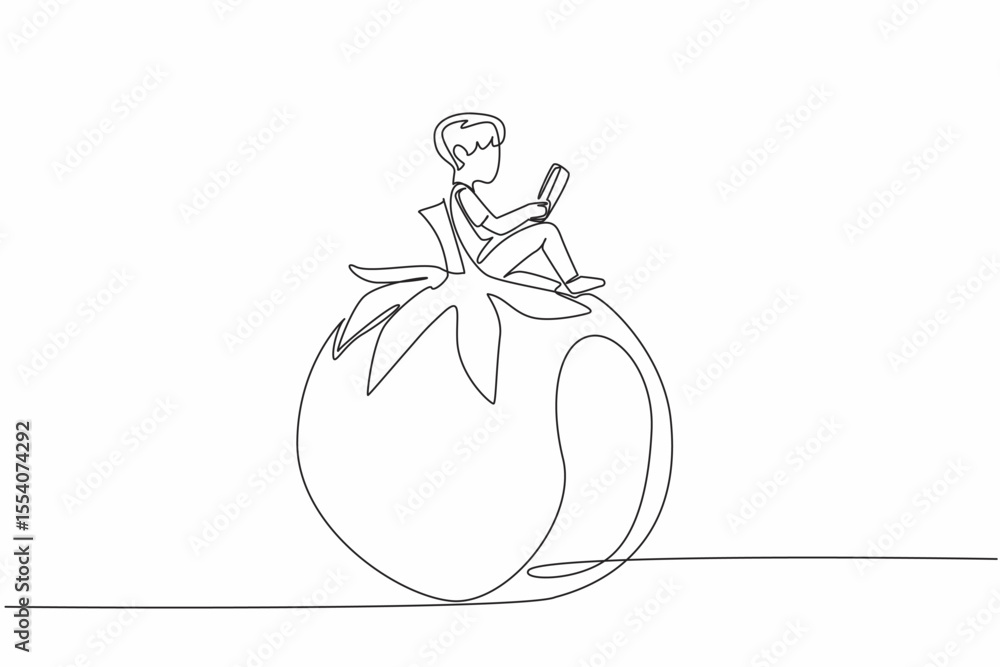Poster continuous one line drawing young boy reading on tomato. read seriously. looking for additional know