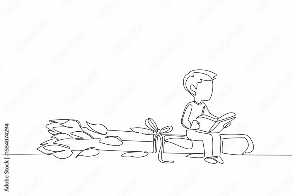 Poster single one line drawing boy reading on asparagus tied with string. read antioxidant content found in