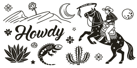 Obraz premium Western Vector Illustration Set – Cowboy, Desert, Cactus, and Rodeo Icons