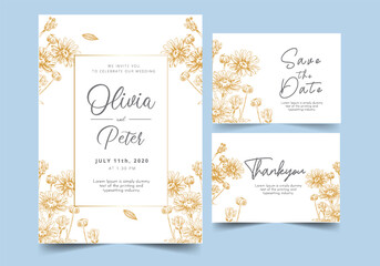 Gold Wedding Invitation, save the date, thank you, rsvp card Design template. Vector. winter flower, Rose, leaves, Wax flower