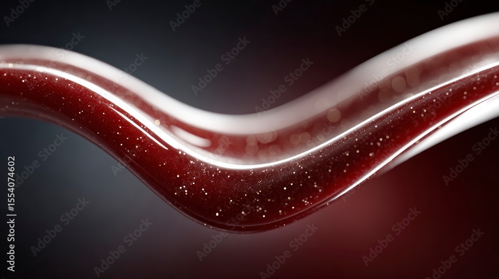 Poster abstract image of a dark red glossy curved line with gold glitter particles on a blurred background