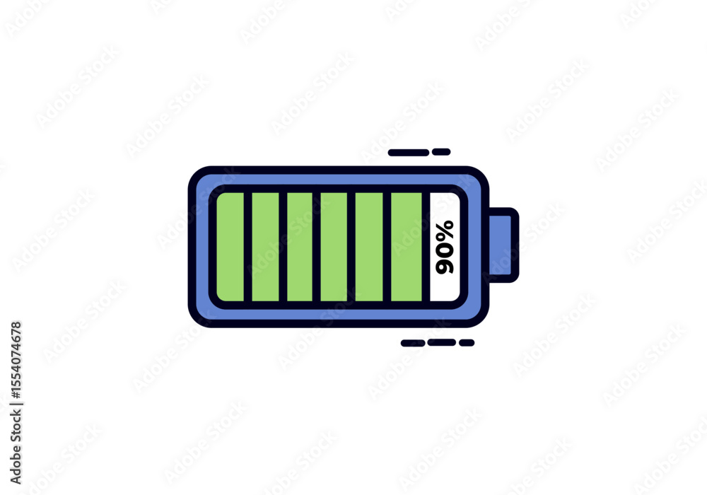 Poster simple vector icon showing a battery at 90% charge, ideal for depicting high power levels or device 