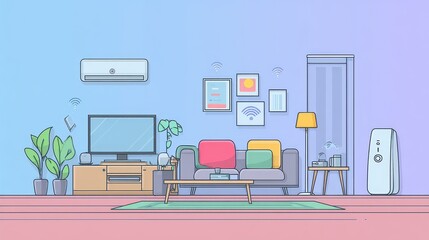 Fototapeta premium Internet of things home setup flat design front view modern interior theme cartoon drawing colored pastel.