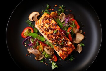 Grilled salmon fillet atop sauteed vegetables on a black plate