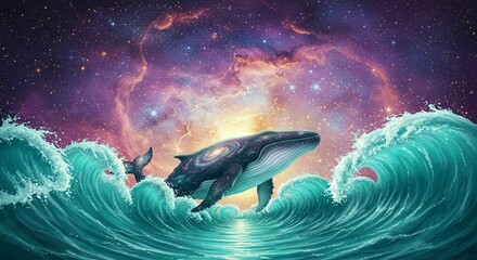 Naklejka premium Whale in cosmic waves