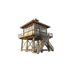 Wooden watchtower rendered against a black background demonstrating architectural design and construction