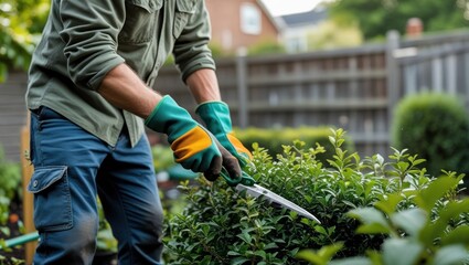 Obraz premium Gardener wearing gloves pruning bushes in a backyard garden