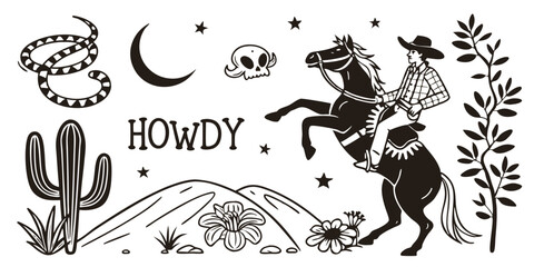 Western Vector Illustration Set – Cowboy, Desert, Cactus, and Rodeo Icons