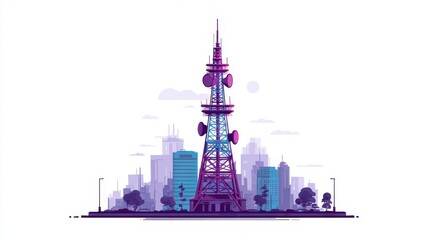 Obraz premium Mobile network tower transmitting signal flat design front view futuristic city theme animation Triadic Color Scheme.