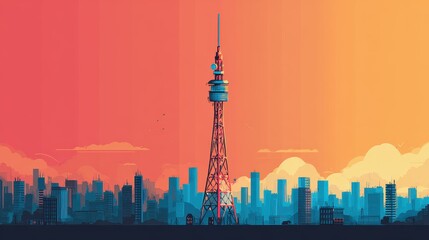 Obraz premium Mobile network tower transmitting signal flat design front view futuristic city theme animation Triadic Color Scheme.
