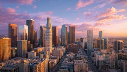 Fototapeta premium Panoramic sunset view of a sprawling city skyline, showcasing diverse architecture and vibrant colors