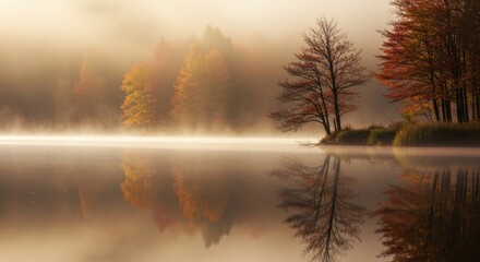 Naklejka premium Misty Morning Lake Reflection Autumn Trees Golden Hour Light