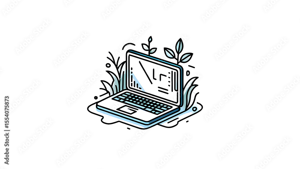 Fototapete stylized illustration of a laptop with abstract data on screen and foliage isolated on a transparent