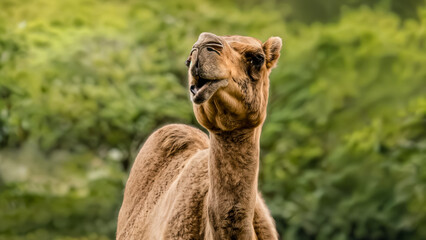 Majestic Camel Portrait Against a Lush Green Backdrop, Animal Photography