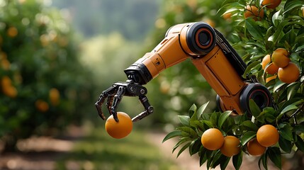 Advanced robotic arm precisely harvests ripe oranges from a lush citrus grove showcasing agricultural automation