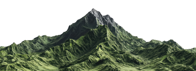 Lush green mountain range with a prominent peak, digitally rendered, against a black background