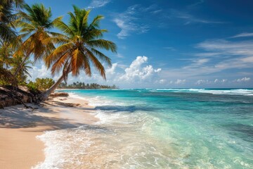 Tropical beach scene with palm trees under a vibrant sky