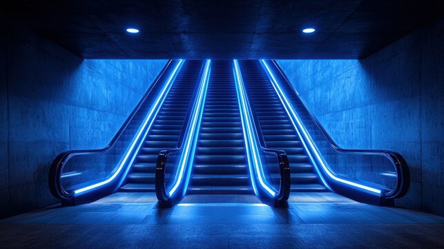 Neon blue escalators in a subterranean concrete tunnel