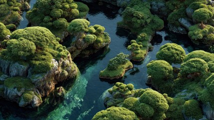Tranquil Mossy Isles: A Serene Aerial View of Rocky Islands and Clear Waters
