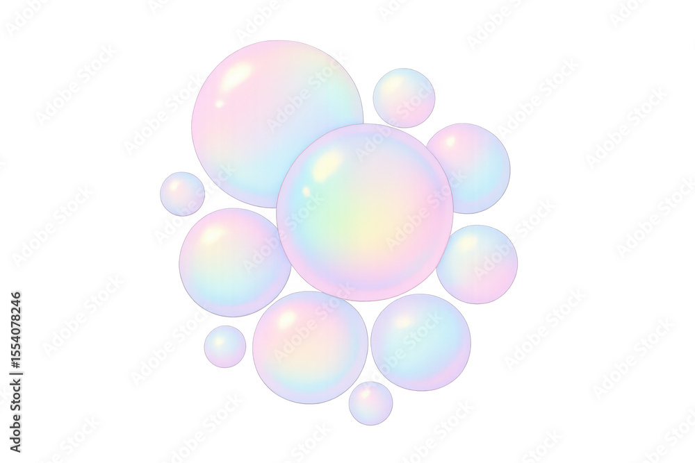 Poster realistic soap bubbles with rainbow reflections floating on a transparent background, creating a pla