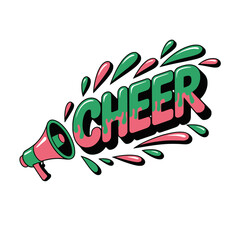 Cheer text graphic with megaphone icon, Colorful dripping "CHEER" word art with green and pink gradient effect and loud megaphone illustration for energetic messages.

