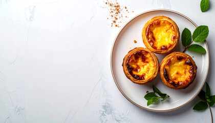 Photorealistic top-down view of Pastel de Nata on a minimalist plate.