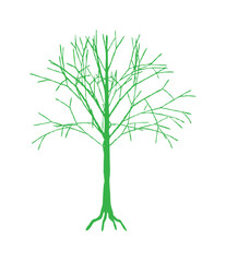 A stylized, green outline drawing of a bare winter tree against a white background.