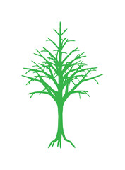 A stylized green silhouette of a leafless tree, its branches reaching upward against a white background.