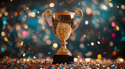 Gleaming Gold Winner’s Trophy Cup Centered Amidst Festive Explosion of Colorful Confetti and Sparkling Glitter, Symbolizing Victory, Achievement, and Success in Competitive Events 61993865 2