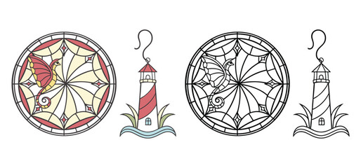 Vector illustration featuring decorative stained glass elements with ornate seahorse and lighthouse in stylized design