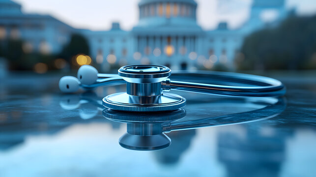 Stethoscope Positioned in Front of the US Capitol Building Symbolizing Healthcare Reform, Policy Change, and Legislative Impact on Medical Systems and Public Health 84426043 1