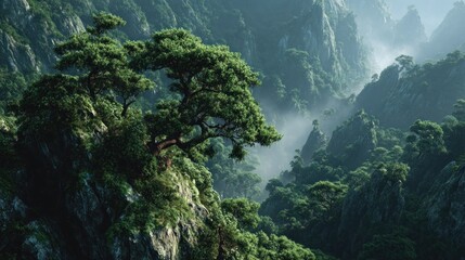 Mystical mountain landscape with lush greenery and ethereal mist trails