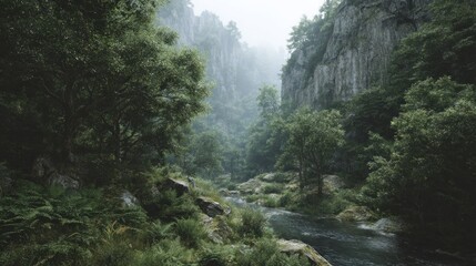 Enigmatic canyon realm with gentle river and misty veil, a serene nature refuge