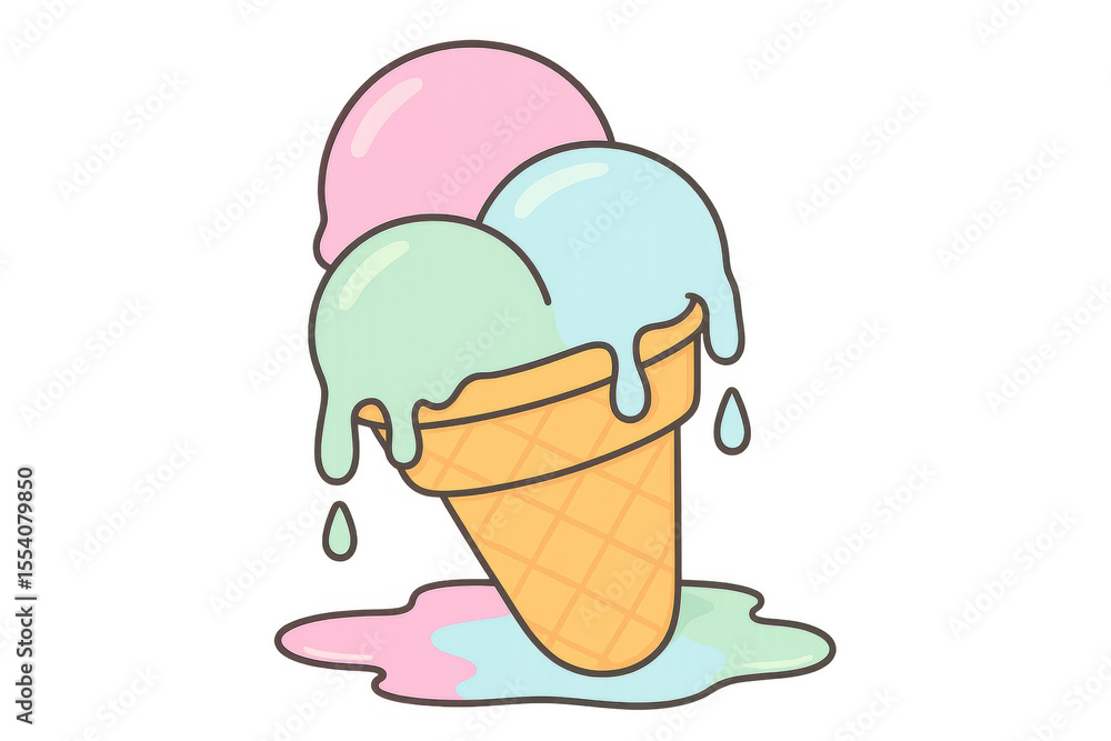 Poster three colorful scoops of ice cream are melting and dripping from a waffle cone onto a transparent ba