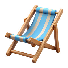Illustrated 3d rendering of a blue and white striped beach chair PNG file isolated on transparent background cut out, clipping path, social media.
