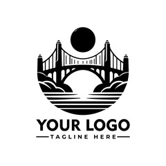 Silhouette logo design featuring a bridge connecting two city skylines, with space for a logo and tagline below.