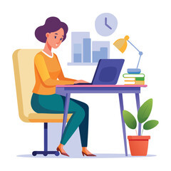 women sitting in chair at laptop computer at desk, vector illustration, women work in office at laptop