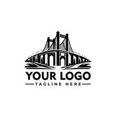 A stylized black and white illustration of a suspension bridge with text below.