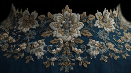Luxurious floral embroidery adorns elegant teal fabric texture intricate artwork