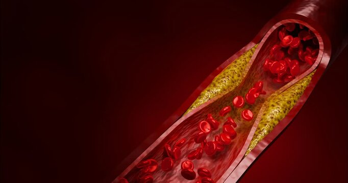 Artery narrowing due to cholesterol deposits, fast food intake, high-sugar beverages, alcohol addiction, processed foods, emphasizing risks hypertension, stroke, cardiovascular death. 3D rendering