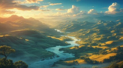 A breathtakingly realistic, AI-generated landscape featuring undulating hills, verdant valleys, and meandering rivers, bathed in vivid, warm lighting with an emphasis on golden hour hues, casting long