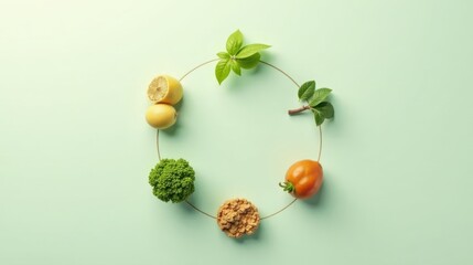 A Vibrant Cycle of Fresh Produce Arranged in a Circular Pattern on a Light Green Background