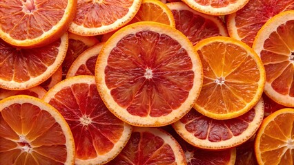 Fresh blood red orange slices background. Suitable for marketing or business purposes. Panoramic banner with place for text