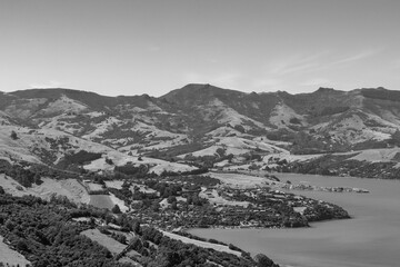 Overhead view of the Akaroa Harbour in Black and White, New Zealand, South Island