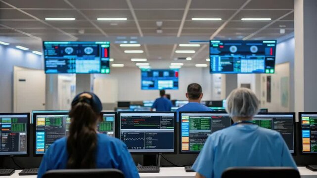 Healthcare professionals monitor patient data on multiple screens in a modern hospital control room.
